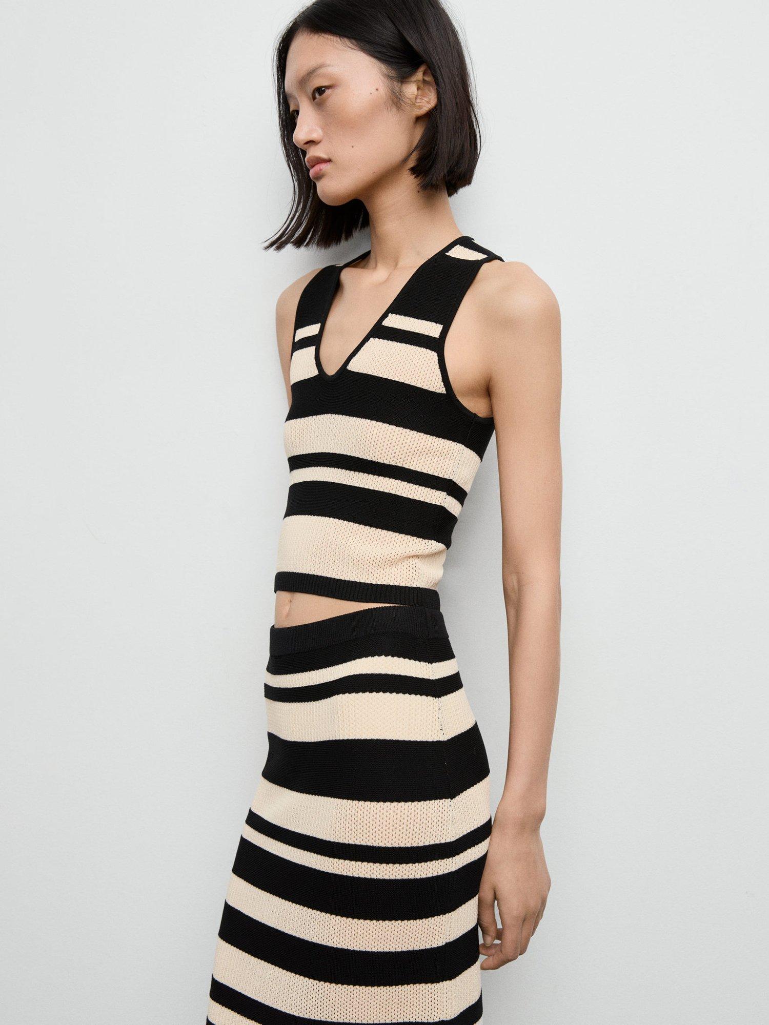 Product image 4 of 8, which shows Mango Noemi Stripe Knit Midi Skirt, Black, L