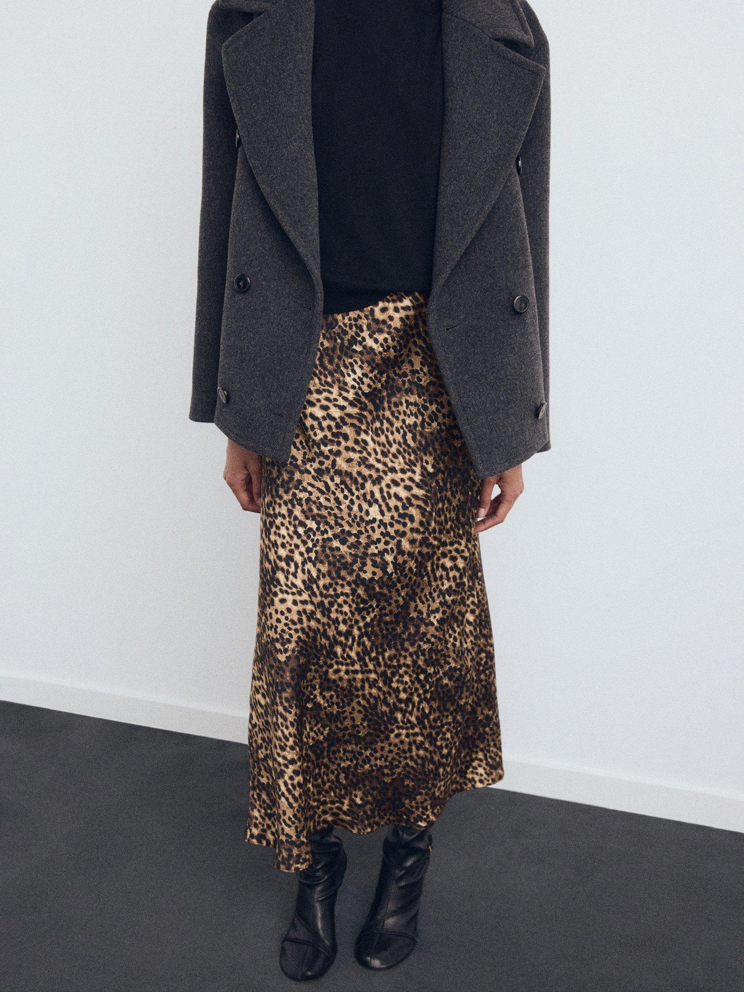 Mango Piedra Leopard Print Satin Skirt, Brown