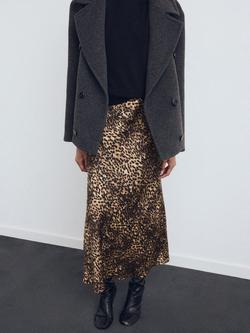 Mango Piedra Leopard Print Satin Skirt, Brown, Brown