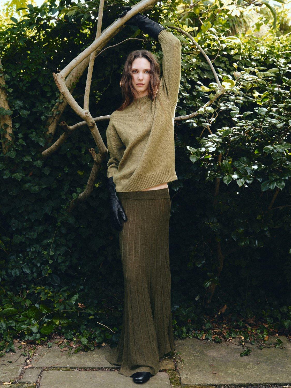 Product image 2 of 7, which shows Mango Valenti Knitted Pleated Skirt, Khaki, S