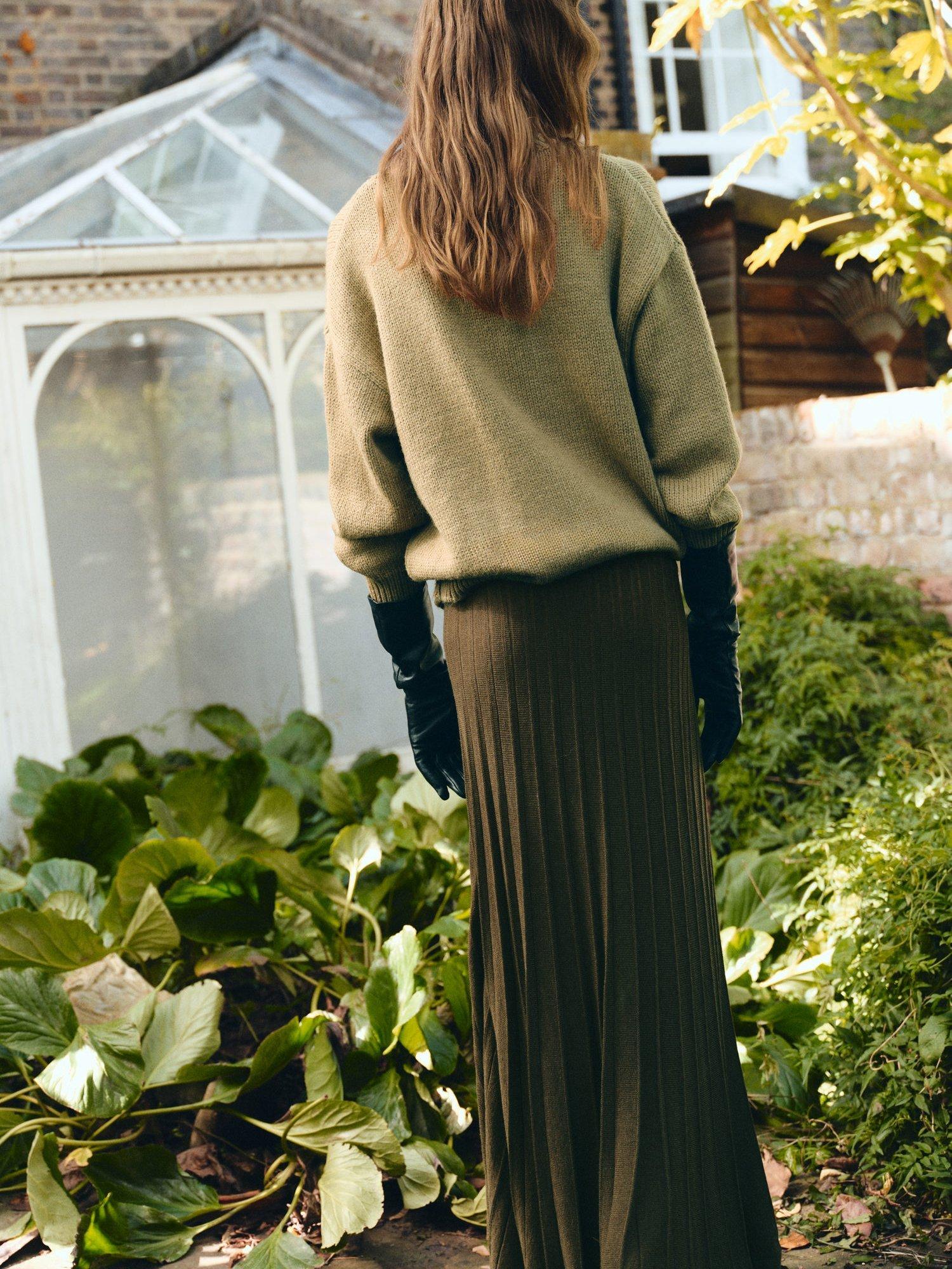 Product image 4 of 7, which shows Mango Valenti Knitted Pleated Skirt, Khaki, S
