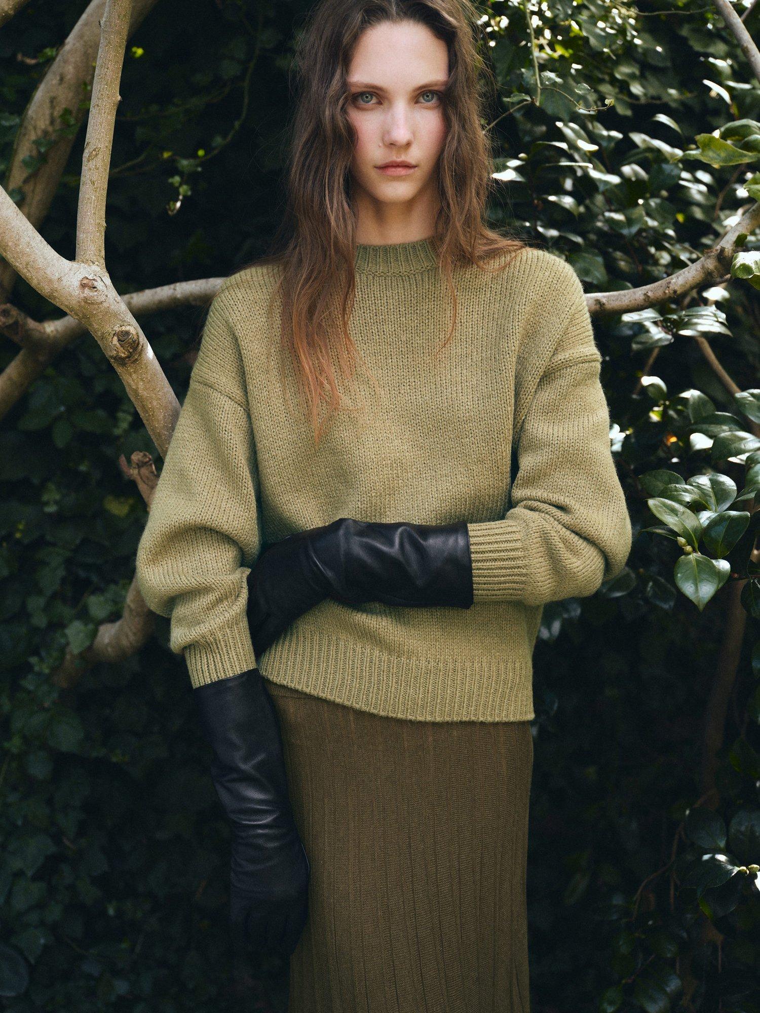 Product image 6 of 7, which shows Mango Valenti Knitted Pleated Skirt, Khaki, S