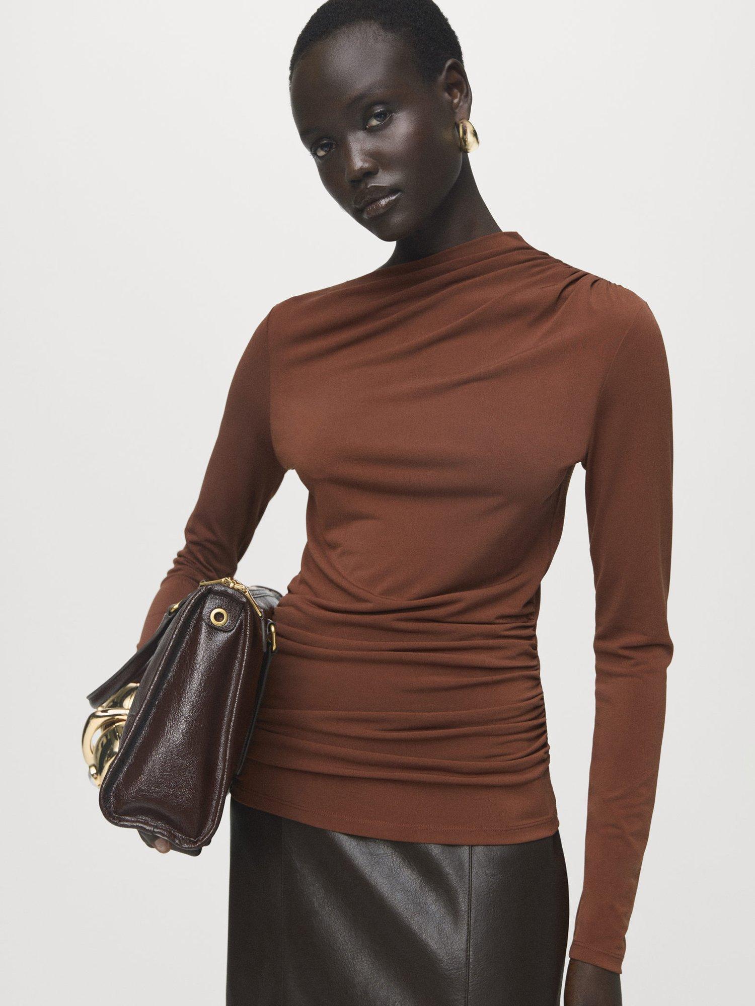 Product image 1 of 8, which shows Mango Chasi Drape Top, Brown, M