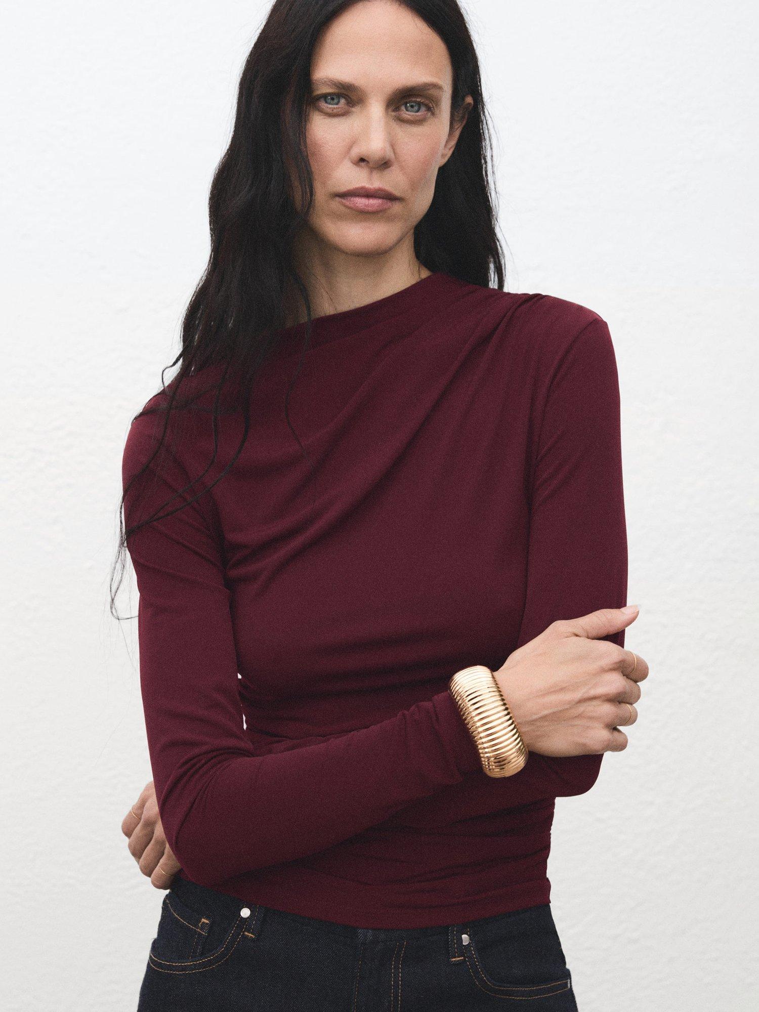 Product image 1 of 9, which shows Mango Chasi Drape Top, Dark Red, S