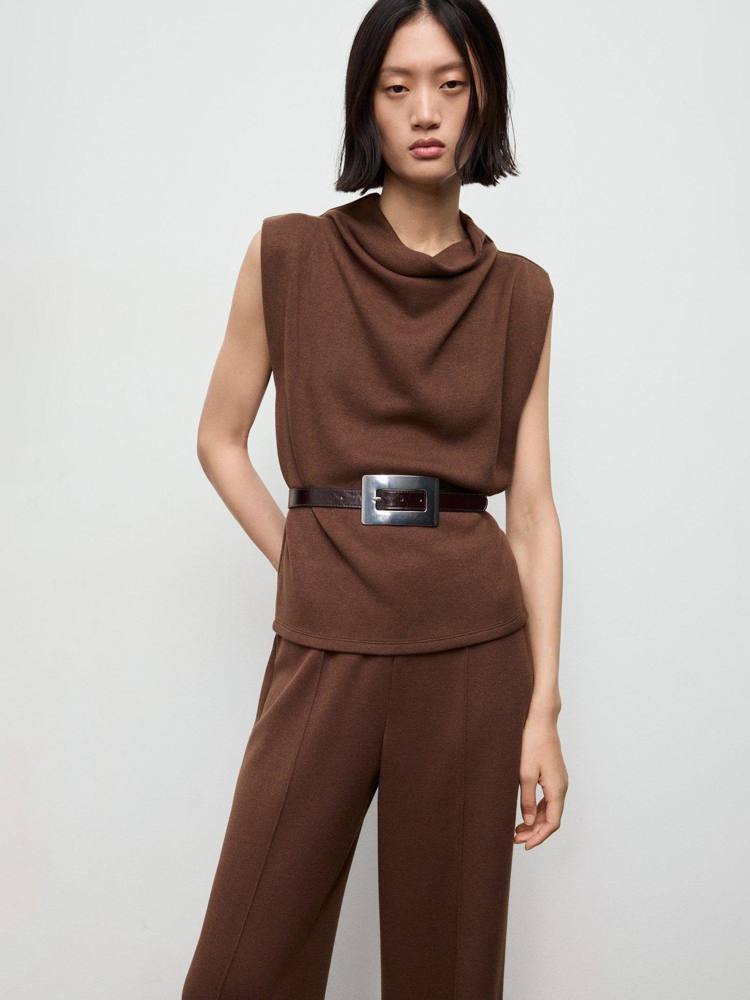 Product image 1 of 8, which shows Mango Lucca Drape Neck Top, Brown, S