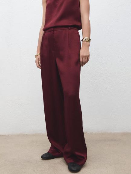 Mango Brick Satin Wide Leg Trousers, Rust/Copper, Rust/Copper