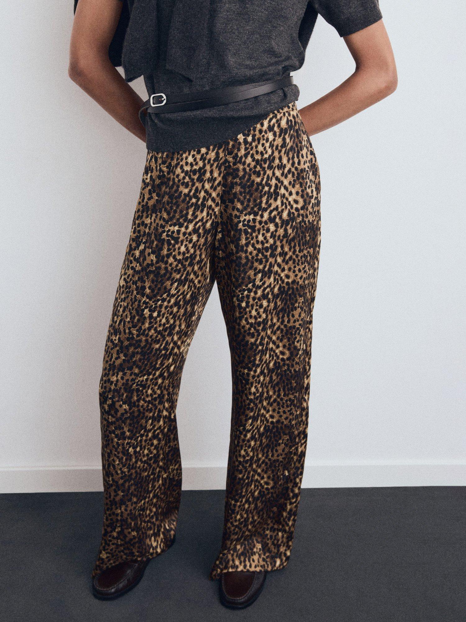 Product image 1 of 7, which shows Mango Piedra Leopard Print Satin Trousers, Brown, 10