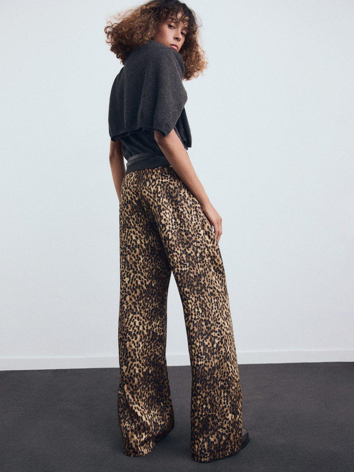 Product image 4 of 7, which shows Mango Piedra Leopard Print Satin Trousers, Brown, 10