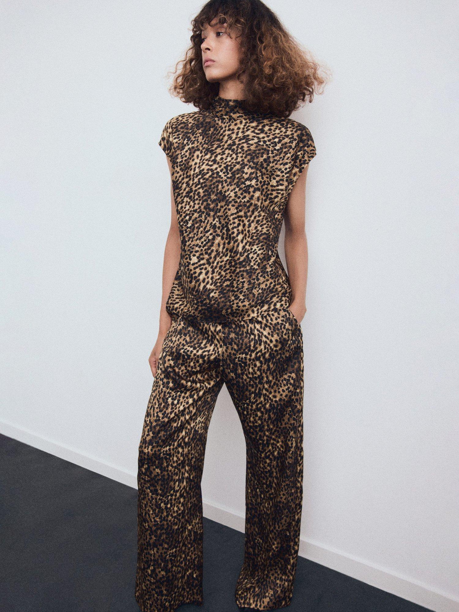 Product image 6 of 7, which shows Mango Piedra Leopard Print Satin Trousers, Brown, 10