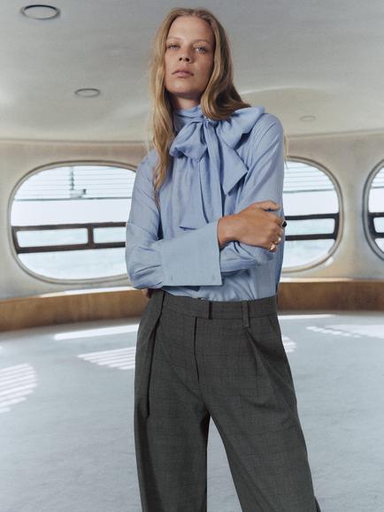 Mango Teriyaki Check Pleated Trousers, Grey - view 2, Grey