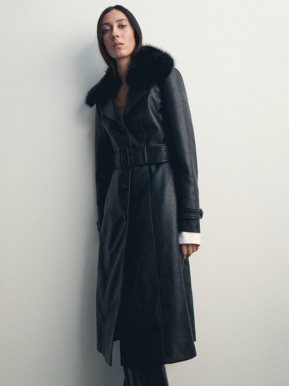 Product image 1 of 9, which shows Mango Fernanda Faux Leather Coat, Black, XXS