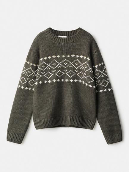 Mango Kids' Nupen Cotton Blend Jacquard Jumper, Dark Green - view 2, Dark Green