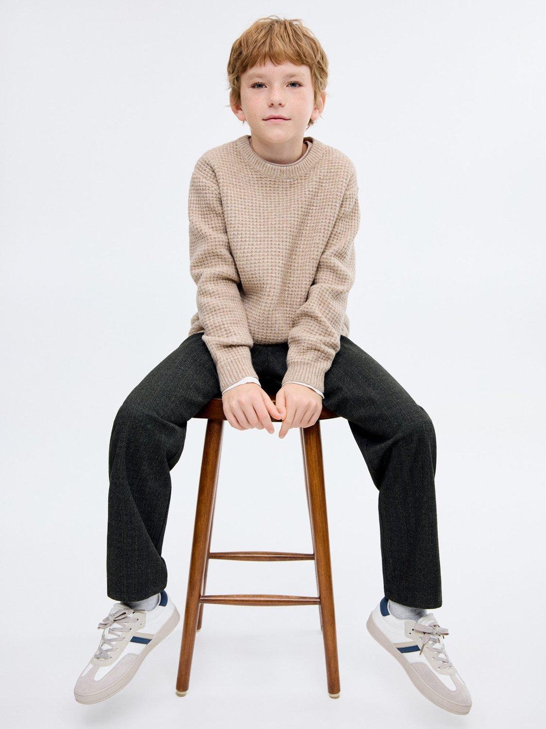 Product image 1 of 8, which shows Mango Kids' Espiga Herringbone Drawstring Trousers, Charcoal, 12 years