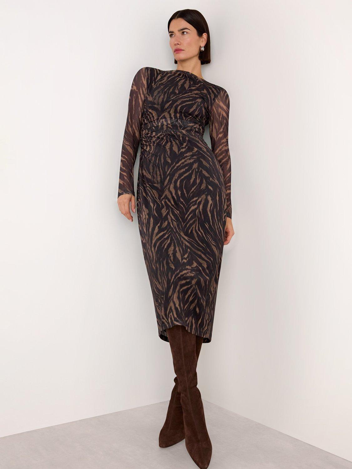 Product image 3 of 5, which shows Whistles Abstract Zebra Mesh Dress, Black/Multi, 6