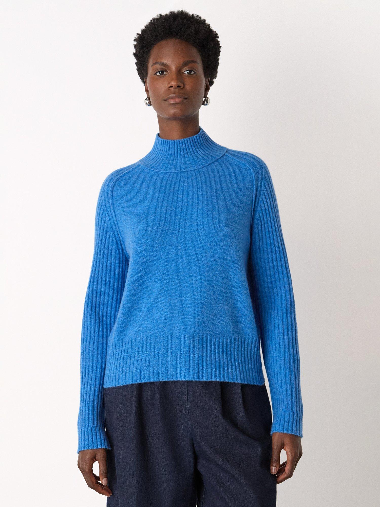 Product image 4 of 6, which shows Whistles Wool Funnel Neck Jumper, Blue, XS