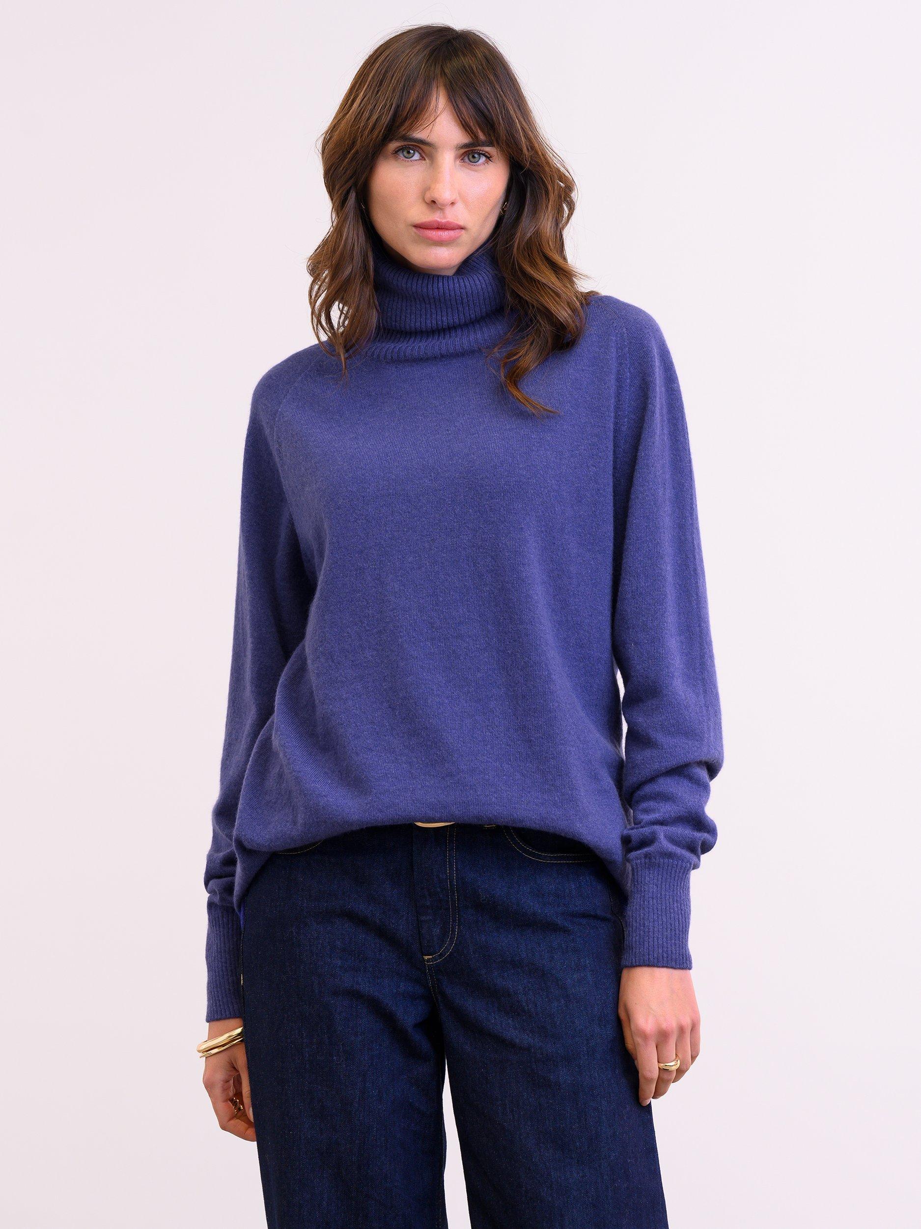 Product image 1 of 4, which shows Celtic & Co. Slouch Roll Neck Pure Wool Jumper, Indigo, XS