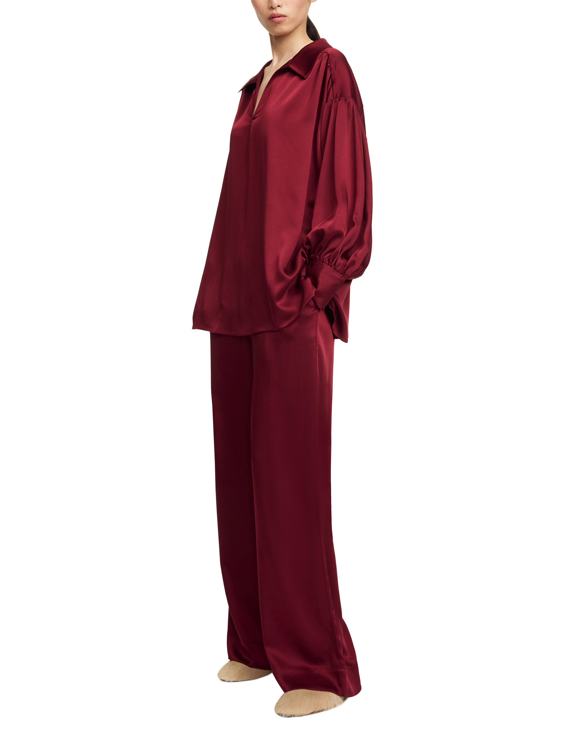 Product image 1 of 3, which shows By Malene Birger Leonora Satin Top, Cabernet, 8