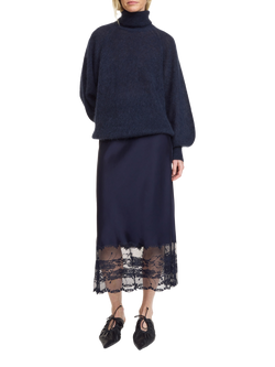 By Malene Birger Blake Lace Trim Satin Skirt, Midnight Blue, Midnight Blue