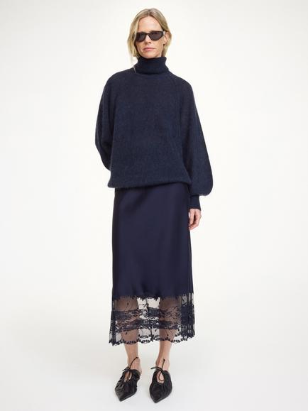 By Malene Birger Blake Lace Trim Satin Skirt, Midnight Blue, Midnight Blue