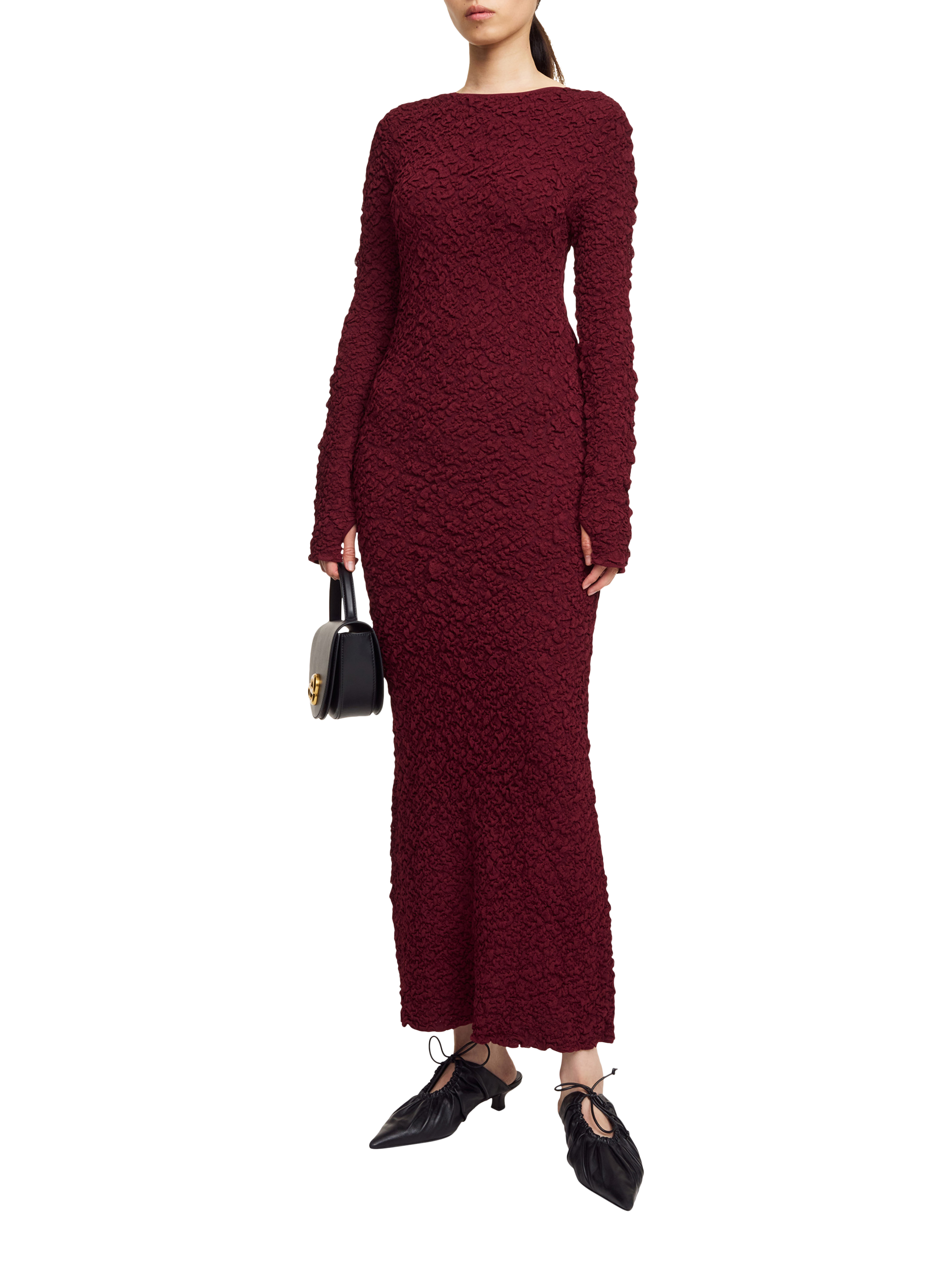 Product image 1 of 3, which shows By Malene Birger Venus Textured Low Back Dress, Cabernet, S