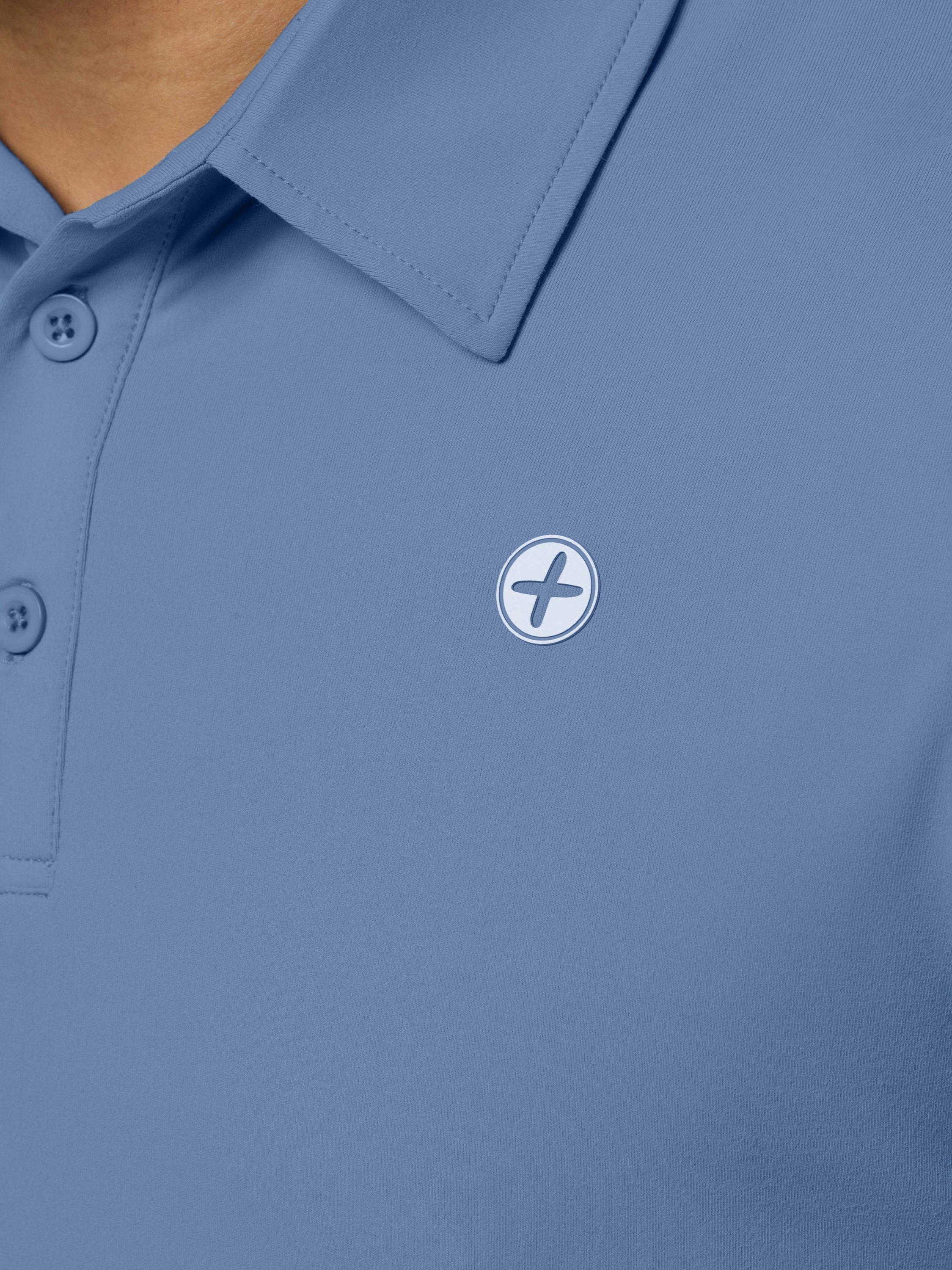 Product image 5 of 6, which shows Gym+Coffee Men's Coffee Polo Shirt, Oasis Blue, XXS