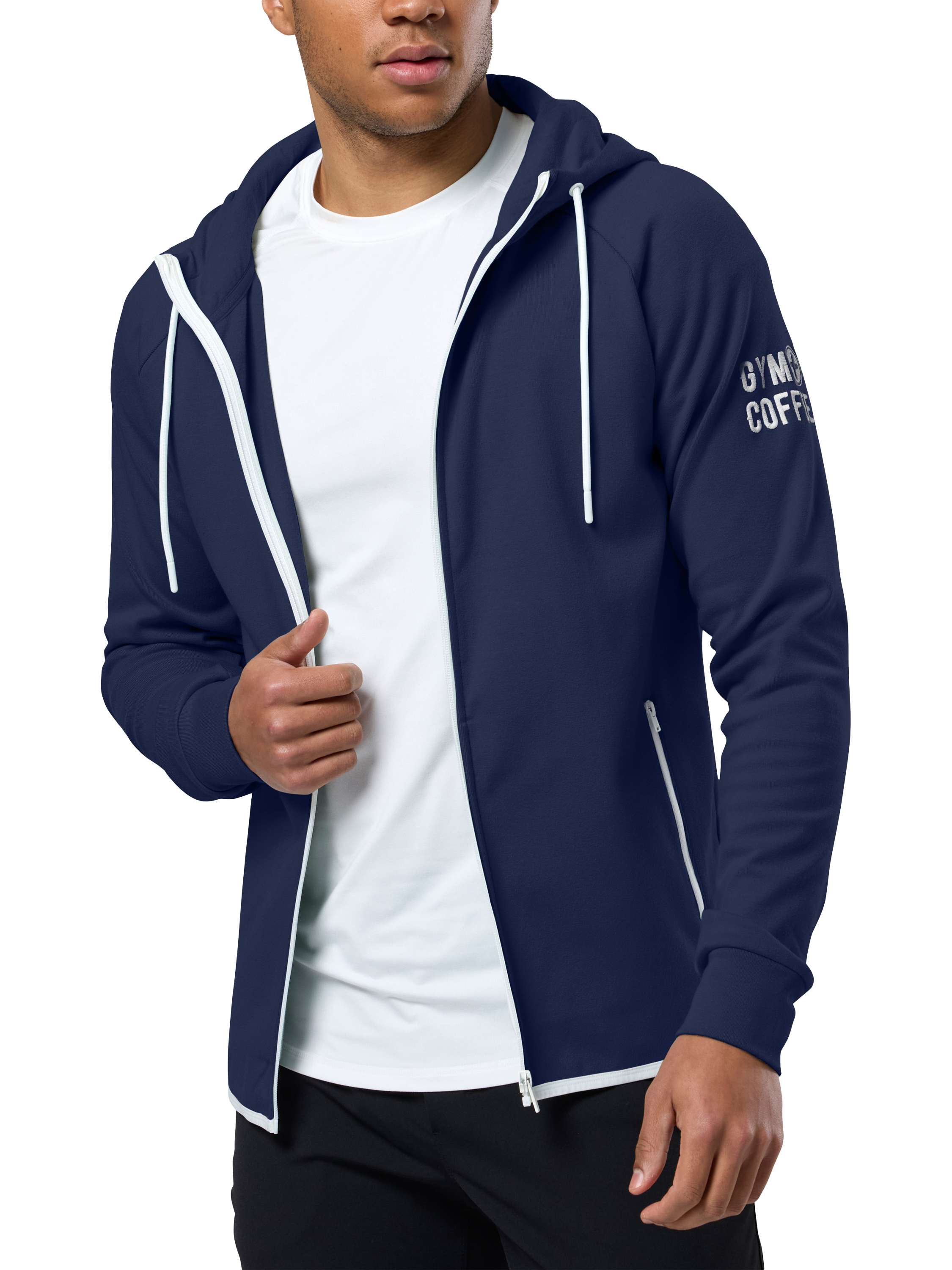 Product image 1 of 6, which shows Gym+Coffee Chill Full Zip Hoodie, Twilight Navy, XXS