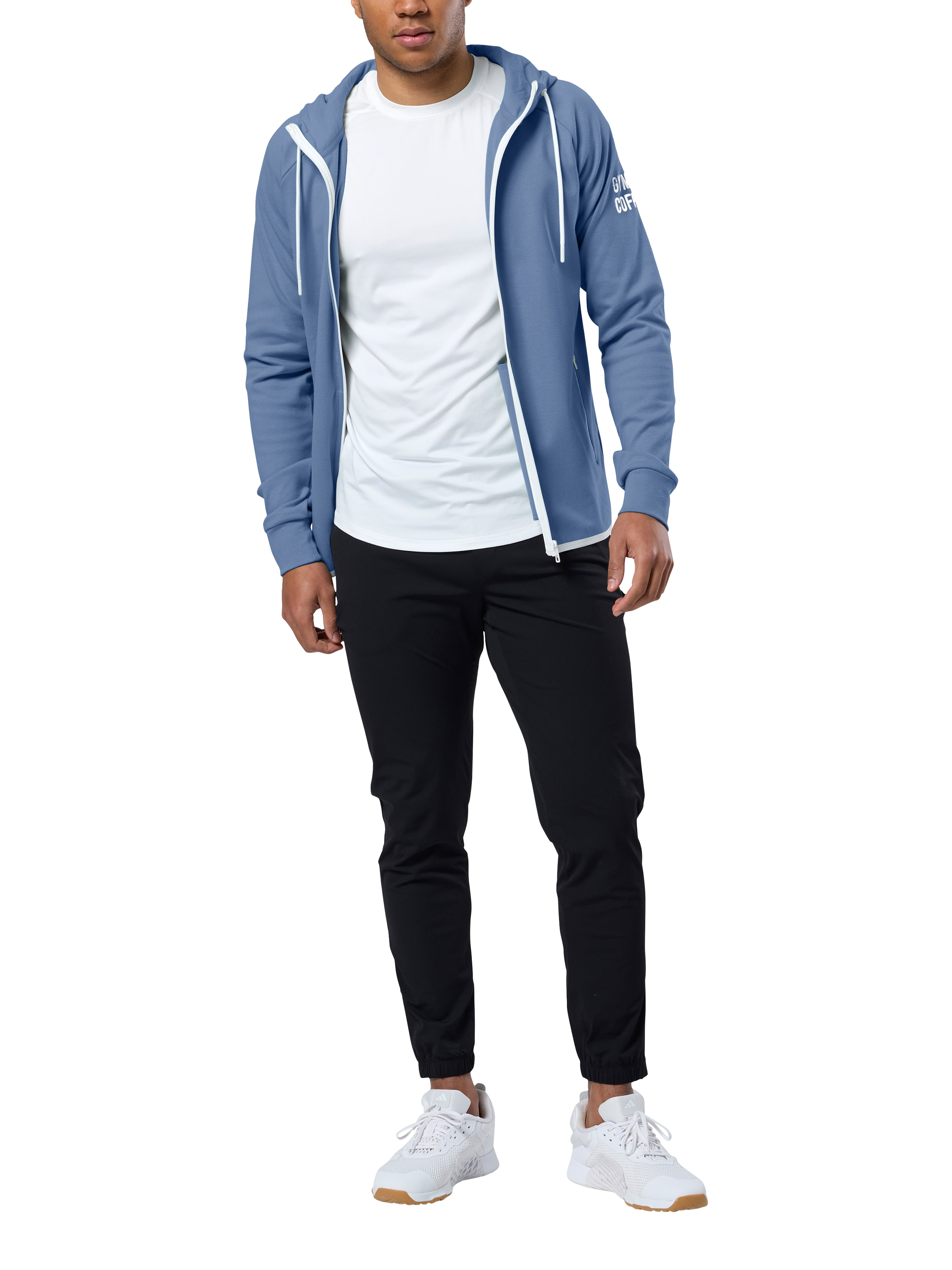 Product image 3 of 7, which shows Gym+Coffee Chill Full Zip Hoodie, Oasis Blue, XXS