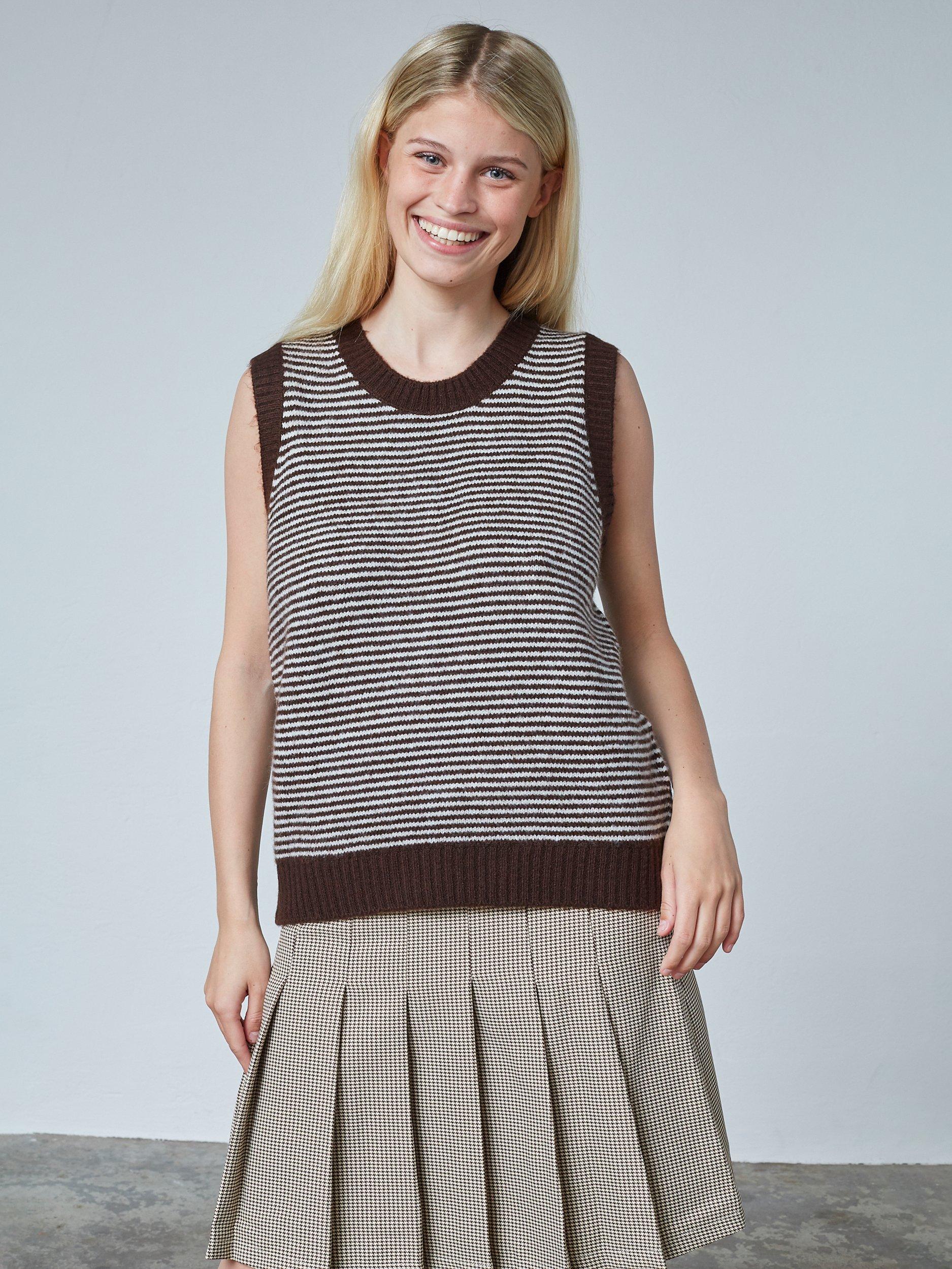 Product image 1 of 5, which shows Sisters Point Megi Round Neck Stripe Knit Vest , Brown/Cream, XL