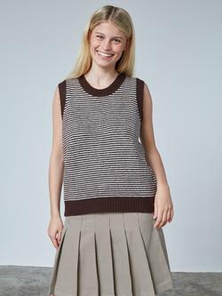 Sisters Point Megi Round Neck Stripe Knit Vest, Brown/Cream