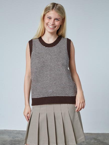 Sisters Point Megi Round Neck Stripe Knit Vest, Brown/Cream