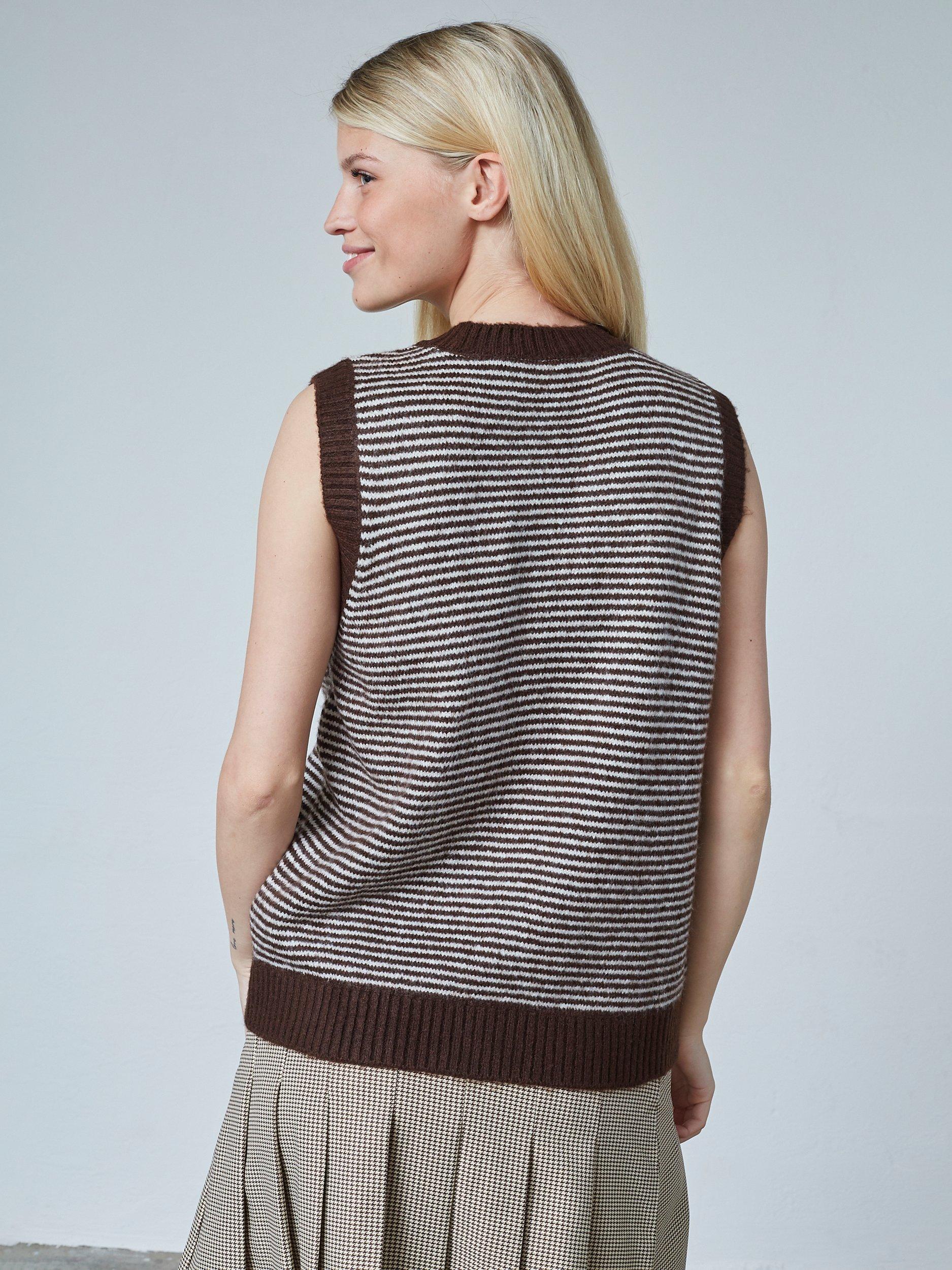 Product image 2 of 5, which shows Sisters Point Megi Round Neck Stripe Knit Vest , Brown/Cream, XL