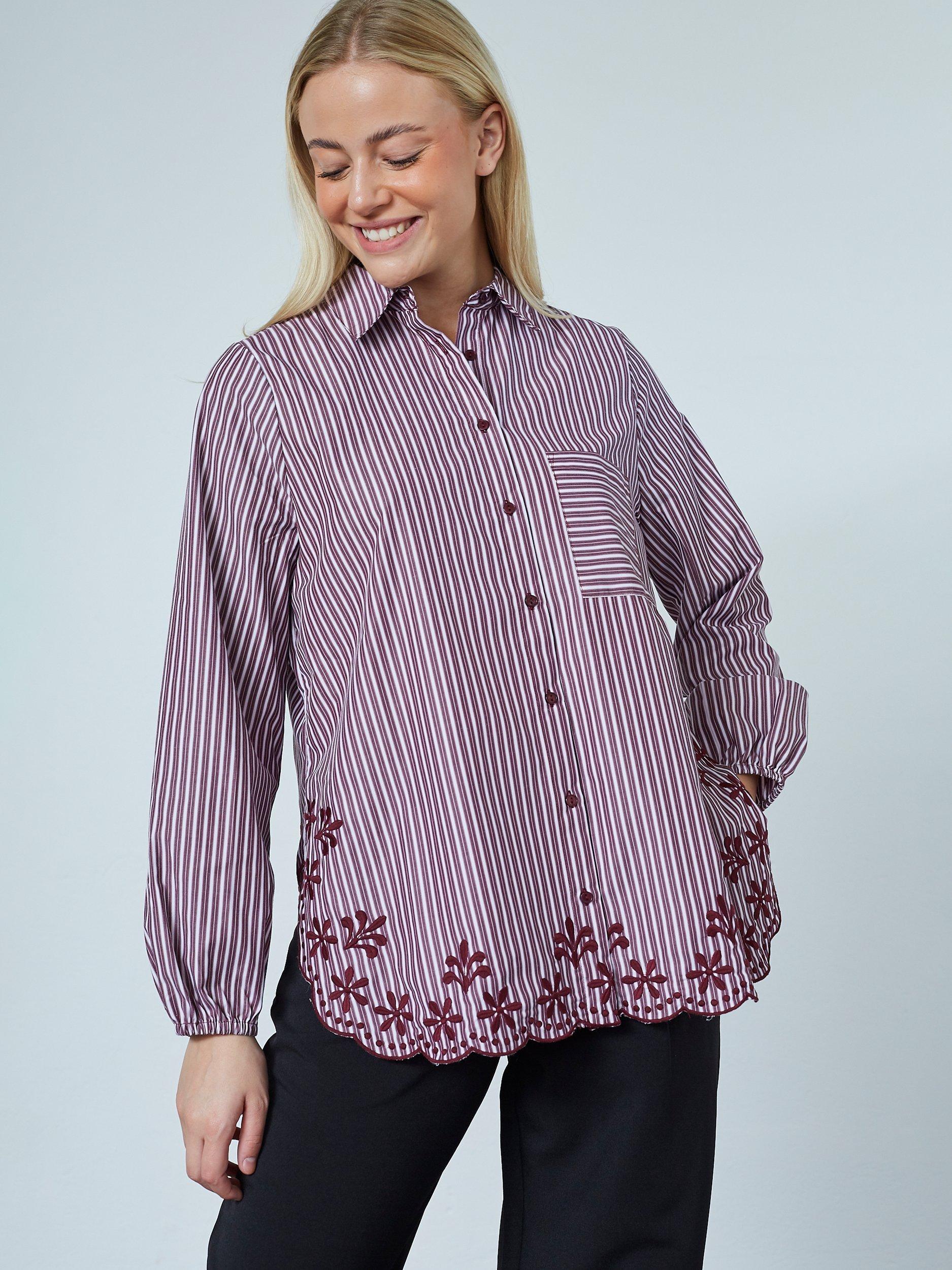 Product image 1 of 4, which shows Sisters Point Striped Blouse, Bordeaux/White, XS