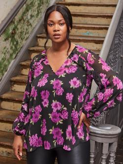 Live Unlimited Curve Floral Ruffle Top, Black, Black