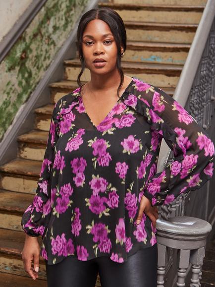 Live Unlimited Curve Floral Ruffle Top, Black, Black