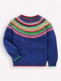 Mini Boden Kids' Cotton Blend Crew Neck Fair Isle Jumper, Sapphire Blue/Multi, Sapphire Blue/Multi