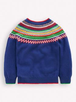 Mini Boden Kids' Cotton Blend Crew Neck Fair Isle Jumper, Sapphire Blue/Multi - view 2, Sapphire Blue/Multi