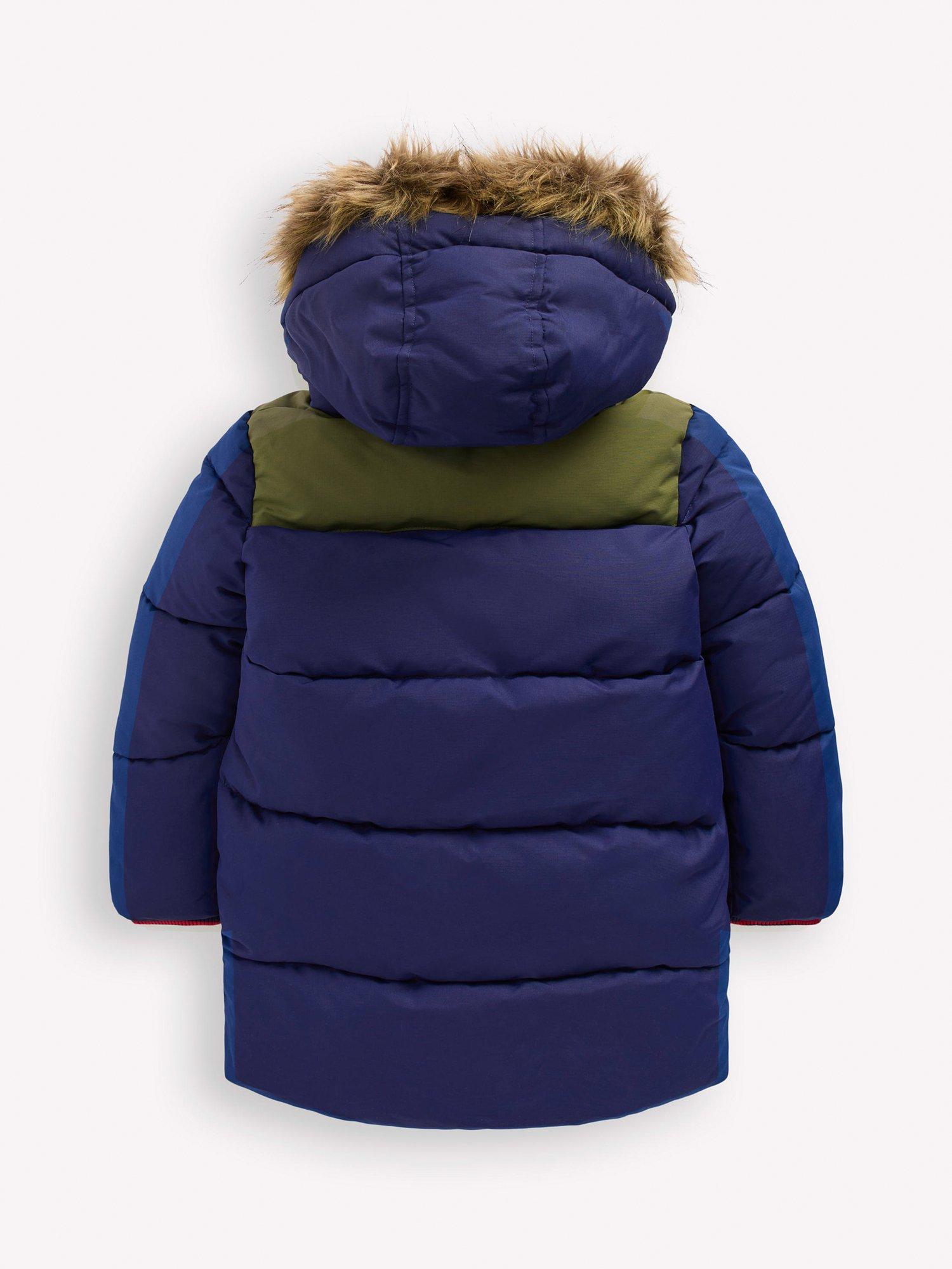 Product image 2 of 5, which shows Mini Boden Kids' Fleece Lined Coat, Navy/Multi, 2-3 years