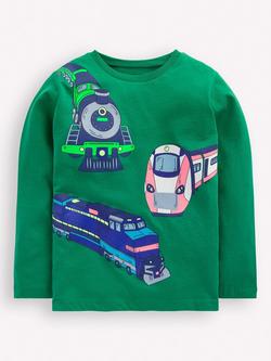 Mini Boden Kids' Pure Cotton Long Sleeved T-Shirt, Pine Green Trains, Pine Green Trains