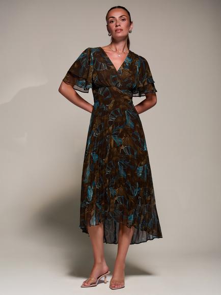 Jolie Moi Angel Sleeve Wrap Dress, Brown Abstact, Brown Abstract