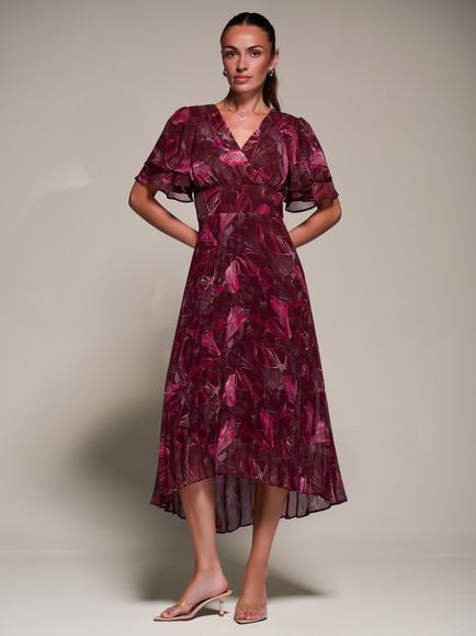 Jolie Moi Angel Sleeve Wrap Dress, Burgundy Abstract, Burgundy Abstract