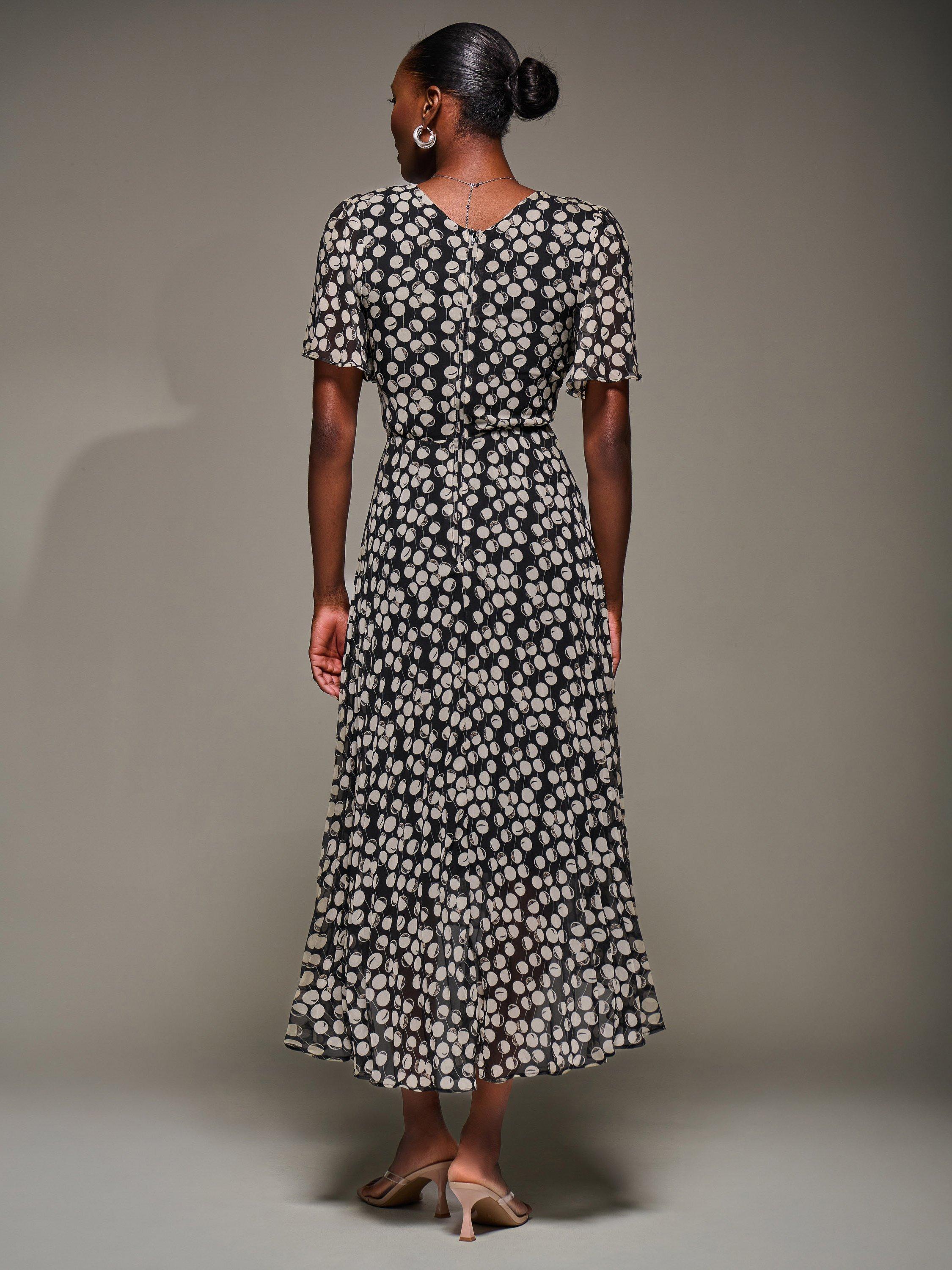 Product image 2 of 6, which shows Jolie Moi Chiffon Floaty Dress, Black Spot, 8