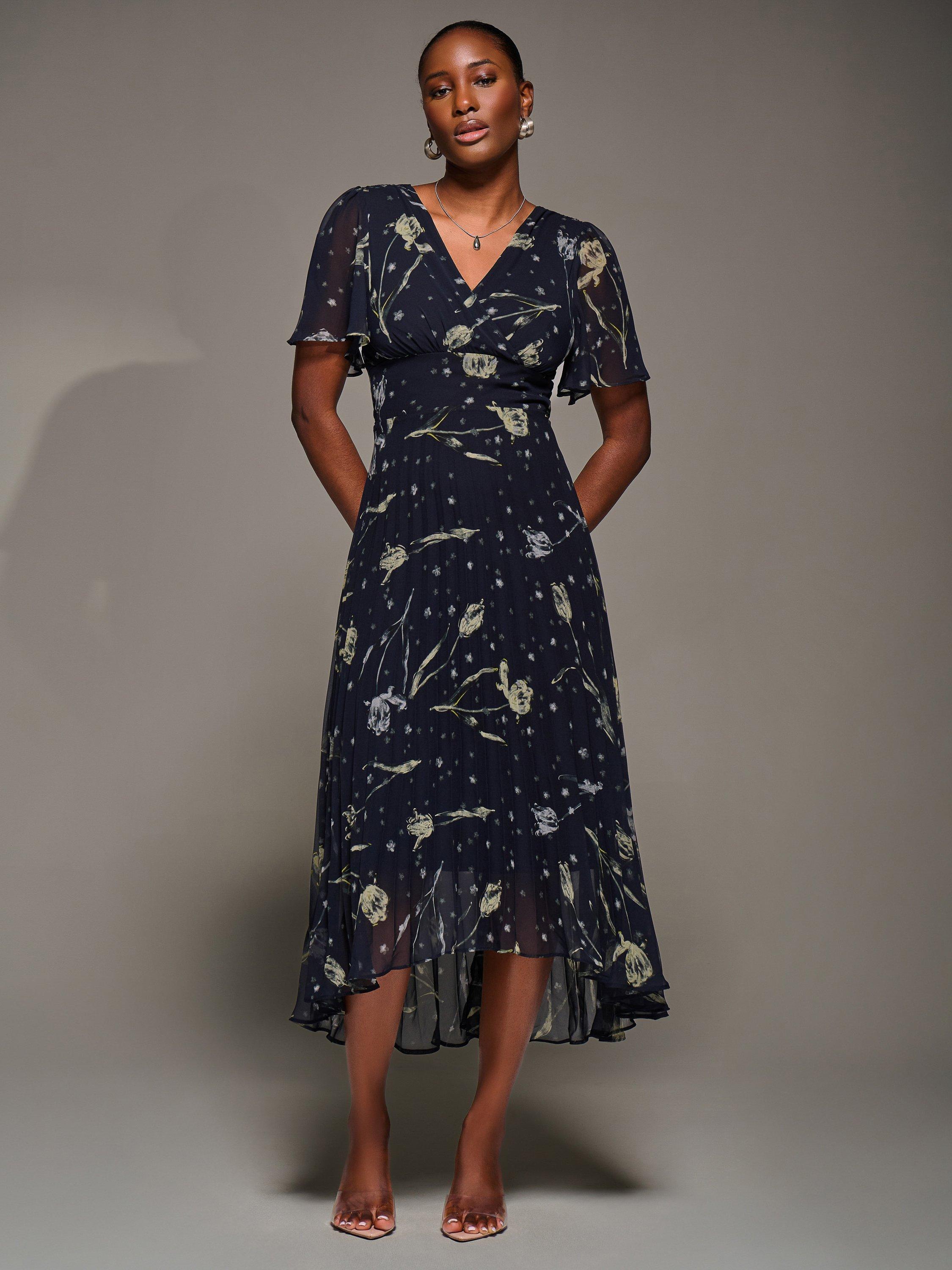 Product image 1 of 6, which shows Jolie Moi Chiffon Floaty Dress, Navy Abstract, 8