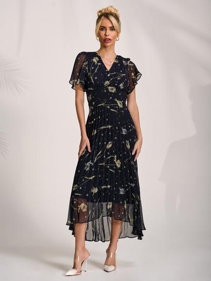 Jolie Moi Chiffon Floaty Dress, Navy Abstract, Navy Abstract