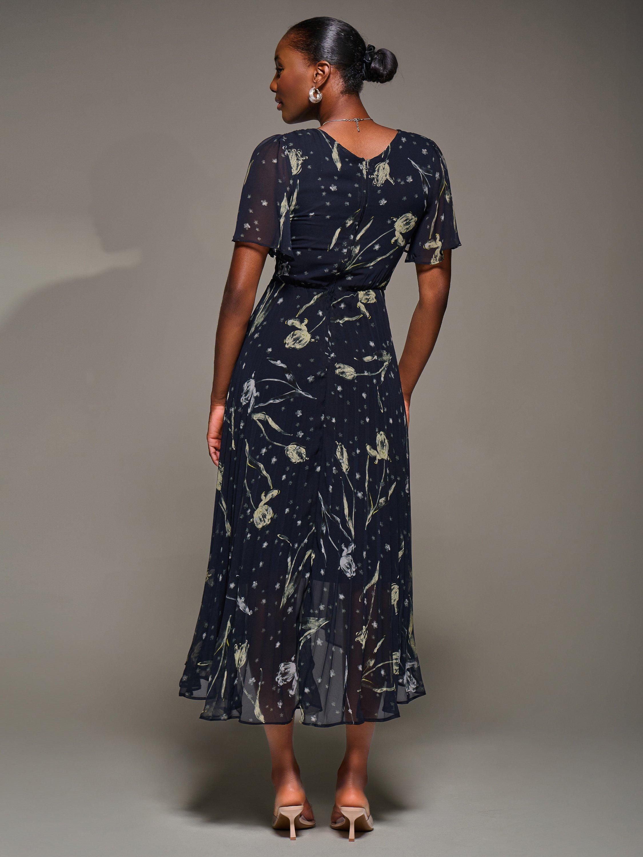 Product image 2 of 6, which shows Jolie Moi Chiffon Floaty Dress, Navy Abstract, 8