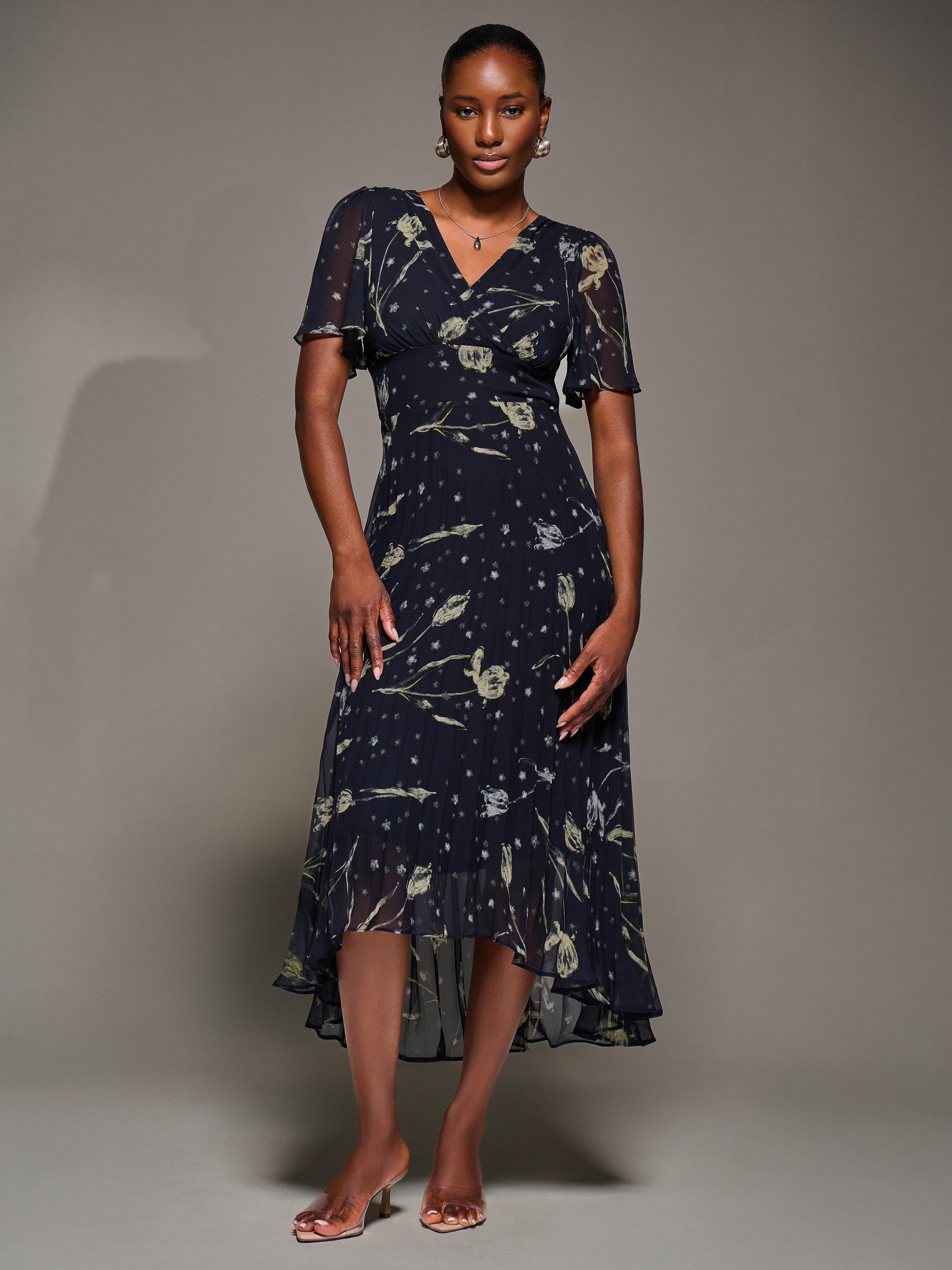 Product image 3 of 6, which shows Jolie Moi Chiffon Floaty Dress, Navy Abstract, 8