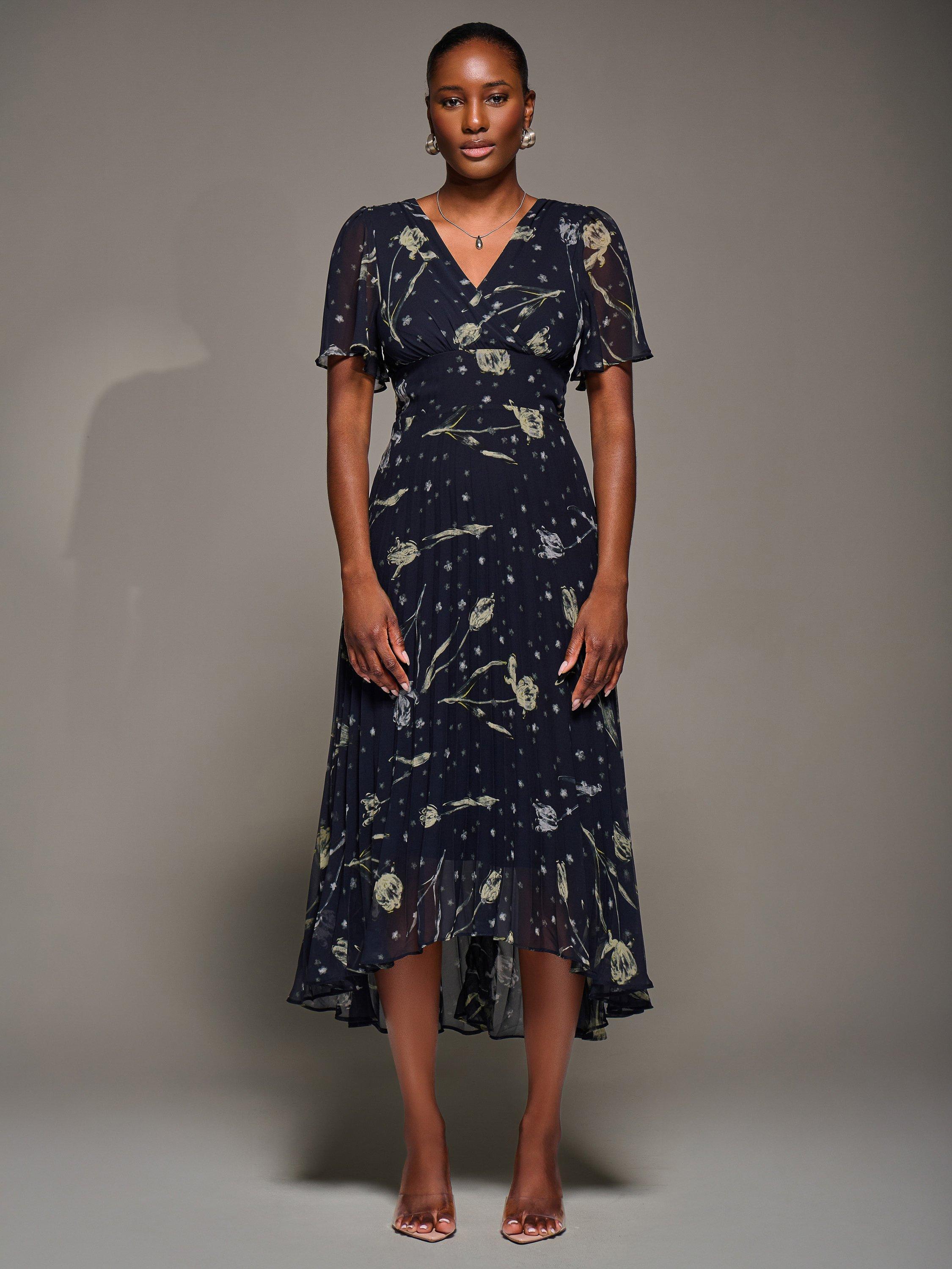 Product image 6 of 6, which shows Jolie Moi Chiffon Floaty Dress, Navy Abstract, 8