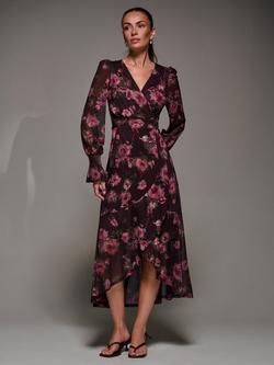 Jolie Moi Frill Mesh Long Sleeve Ruffle Dress, Burgundy Floral, Burgundy Floral