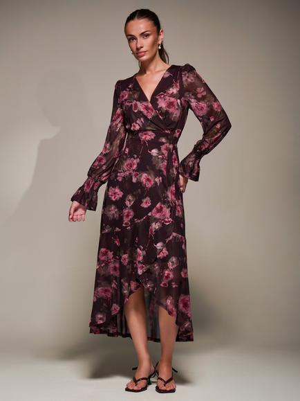 Jolie Moi Frill Mesh Long Sleeve Ruffle Dress, Burgundy Floral, Burgundy Floral