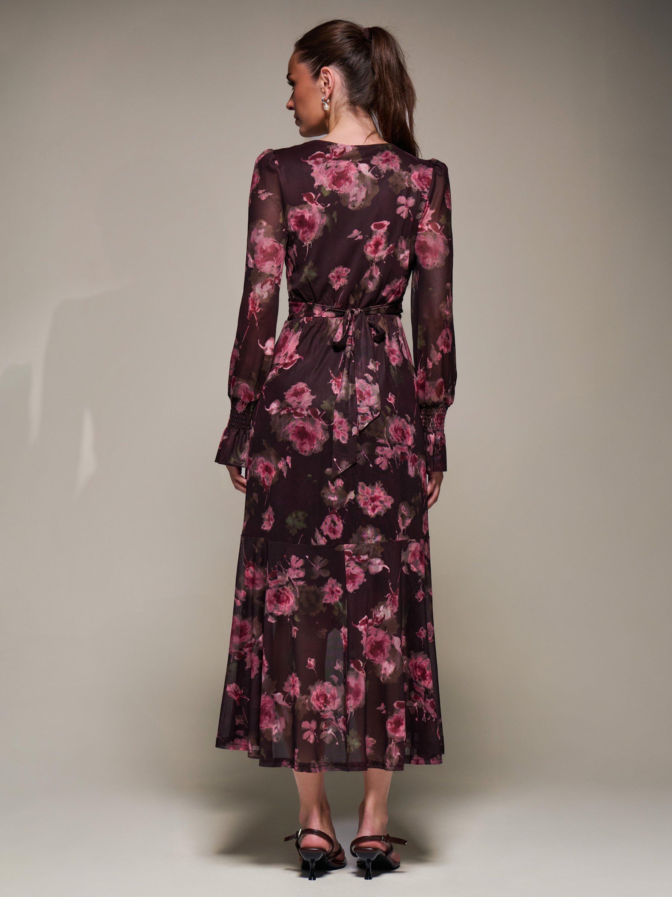 Jolie Moi Frill Mesh Long Sleeve Ruffle Dress, Burgundy Floral