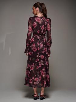Jolie Moi Frill Mesh Long Sleeve Ruffle Dress, Burgundy Floral - view 2, Burgundy Floral